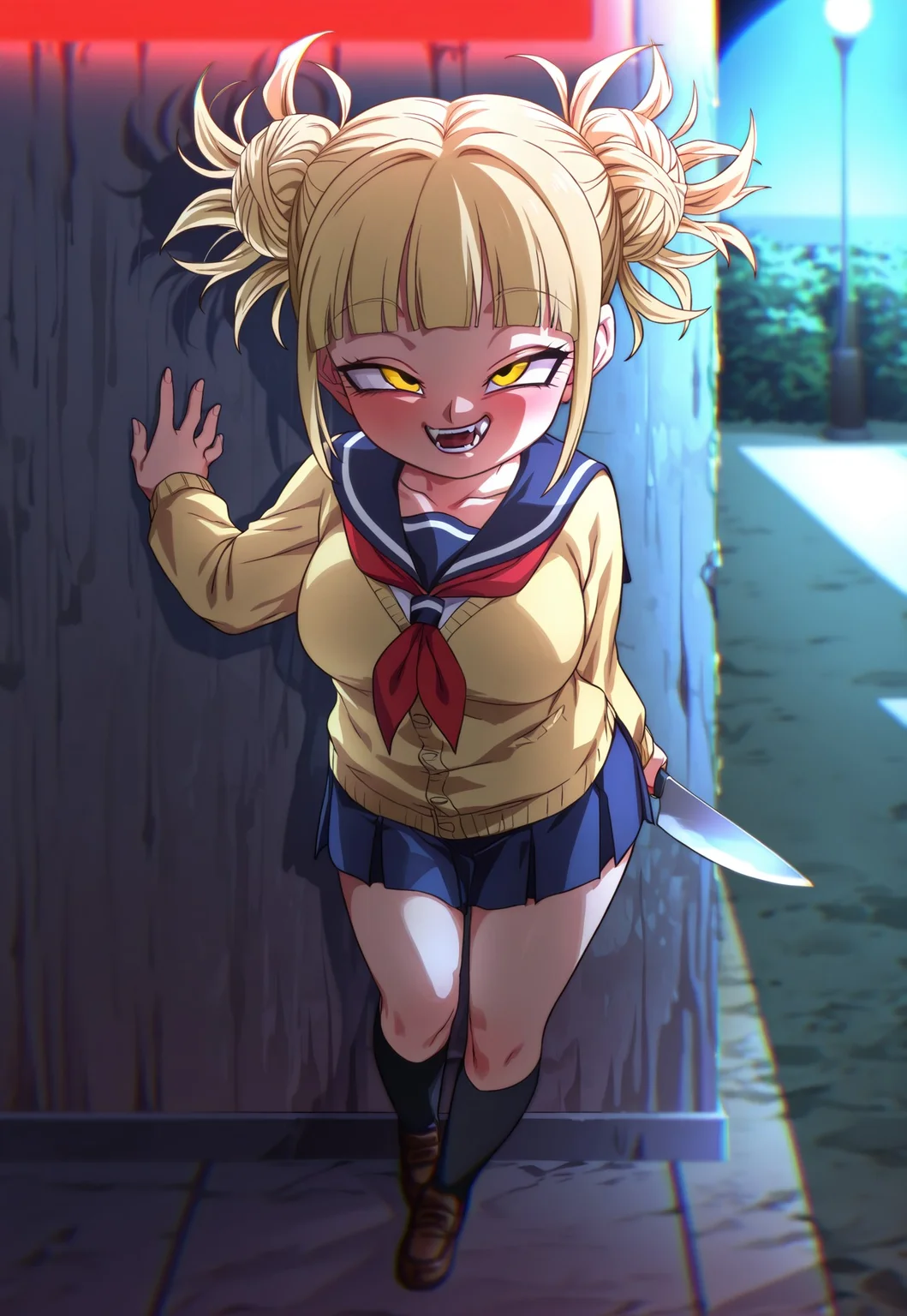 masterpiece, best quality, amazing quality, very aesthetic, absurd res, anime screecap, perfect anatomy, Rom@_ArtStyle, rom_\(20\), 1girl, solo, 1girl, solo, himiko toga, bangs, blonde hair, yellow eyes, blunt bangs, hair bun, double bun, messy hair, fangs, skirt, long sleeves, school uniform, pleated skirt, shoes, serafuku, socks, sailor collar, blue skirt, neckerchief, kneehighs, brown footwear, medium breasts, cardigan, black socks, loafers, red neckerchief, yellow cardigan, looking at viewer, smile, Small fangs, eyes half closed, outdoors, alleyway, dimly lit, one hand on wall, one hand down holding large knife, crazy smile, full body, dynamic lighting, moon light