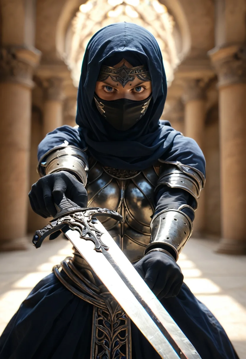 1girl, arabic, blue eyes, masked face, armor, (sword in hand:1.2), action pose,
rim light, dramatic, intricite
dramatic light, shadows, depth of field, chromatic aberration, bokeh