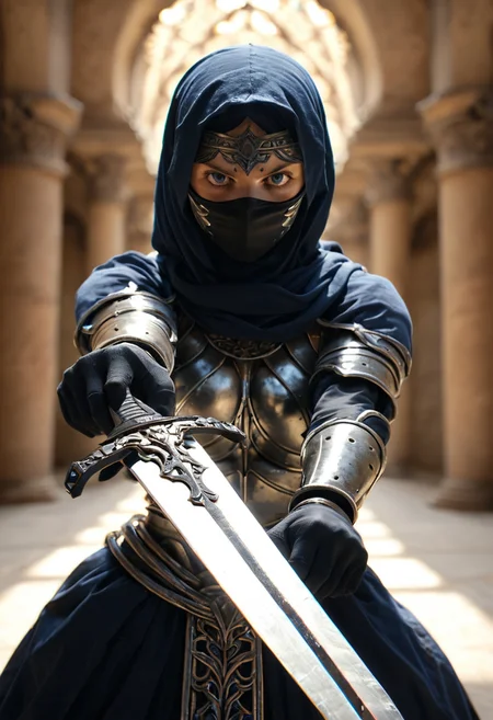 1girl, arabic, blue eyes, masked face, armor, (sword in hand:1.2), action pose,
rim light, dramatic, intricite
dramatic light, shadows, depth of field, chromatic aberration, bokeh