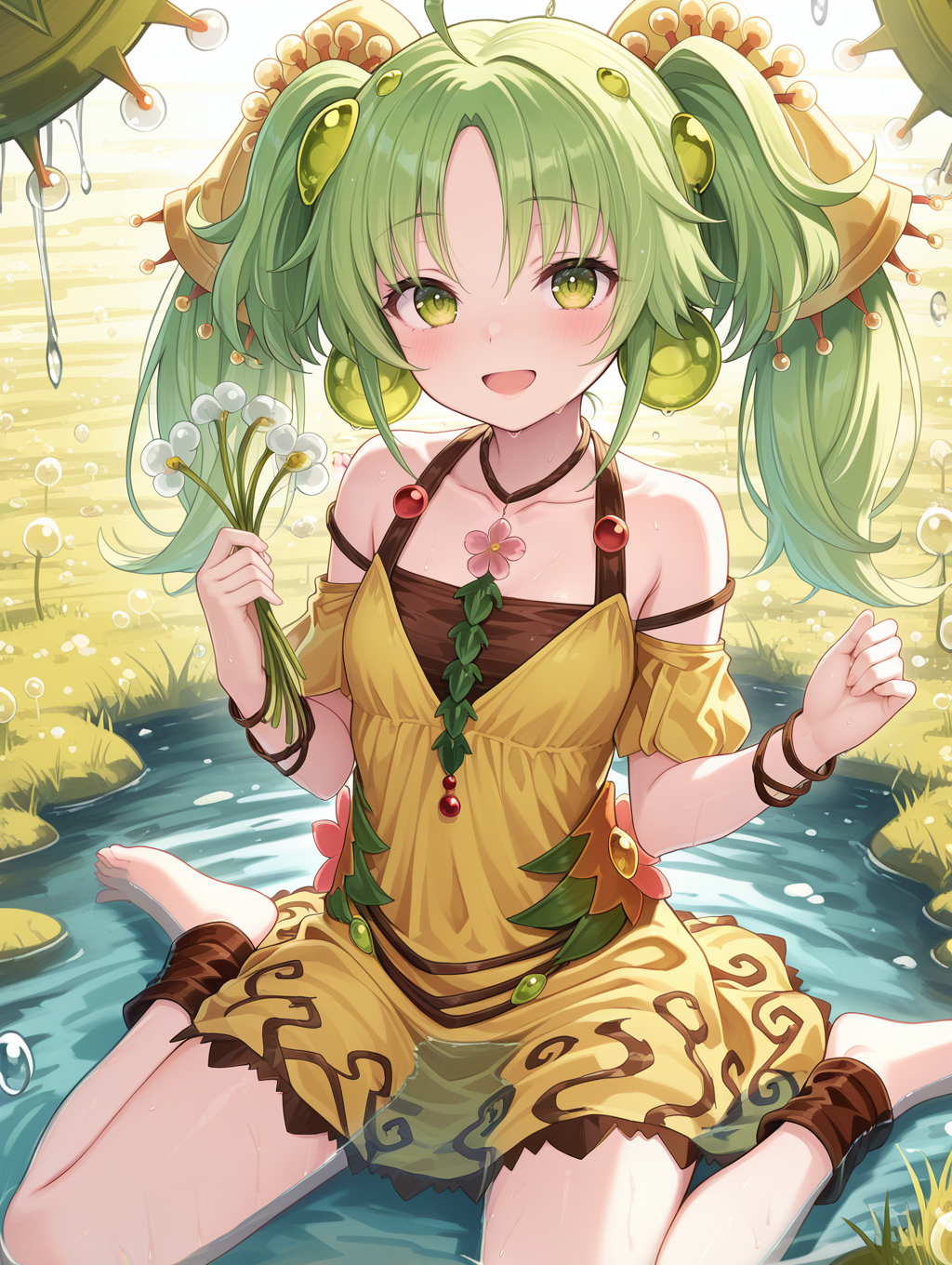 traptrix sera,1girl,solo,barefoot,sitting,open mouth,wariza,smile,white plant,looking at viewer,water,drosera plant,:d,grass,blush,yellow hair ornament,green ball earrings,brown choker,brown crop top,yellow strapless dress,yellow puffy short sleeves,brown bracelet,brown anklet,water drop,holding white plant,wading,
masterpiece,best quality,amazing quality,very aesthetic,absurdres,newest,<lora:Traptrix Sera illuXL v1:0.75>,