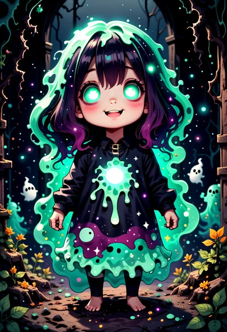 score_9, score_8_up, score_7_up, a cartoon character with glowing eyes and a glowing face stands in a dark tunnel, adorable glowing creature, a cosmic entity made of stars, mysterious black slime, cute detailed digital art, radiant slime trail, cute funny ghost, cosmic horror creature, cosmic entity, cosmic horror entity, cosmic horror illustration, borne space library artwork, cute art, obsidian slime, cosmic horror style, vibrant colors, high contrast, smooth & soft gradients, stylized realism, cartoon-like details, dreamy, warm colors