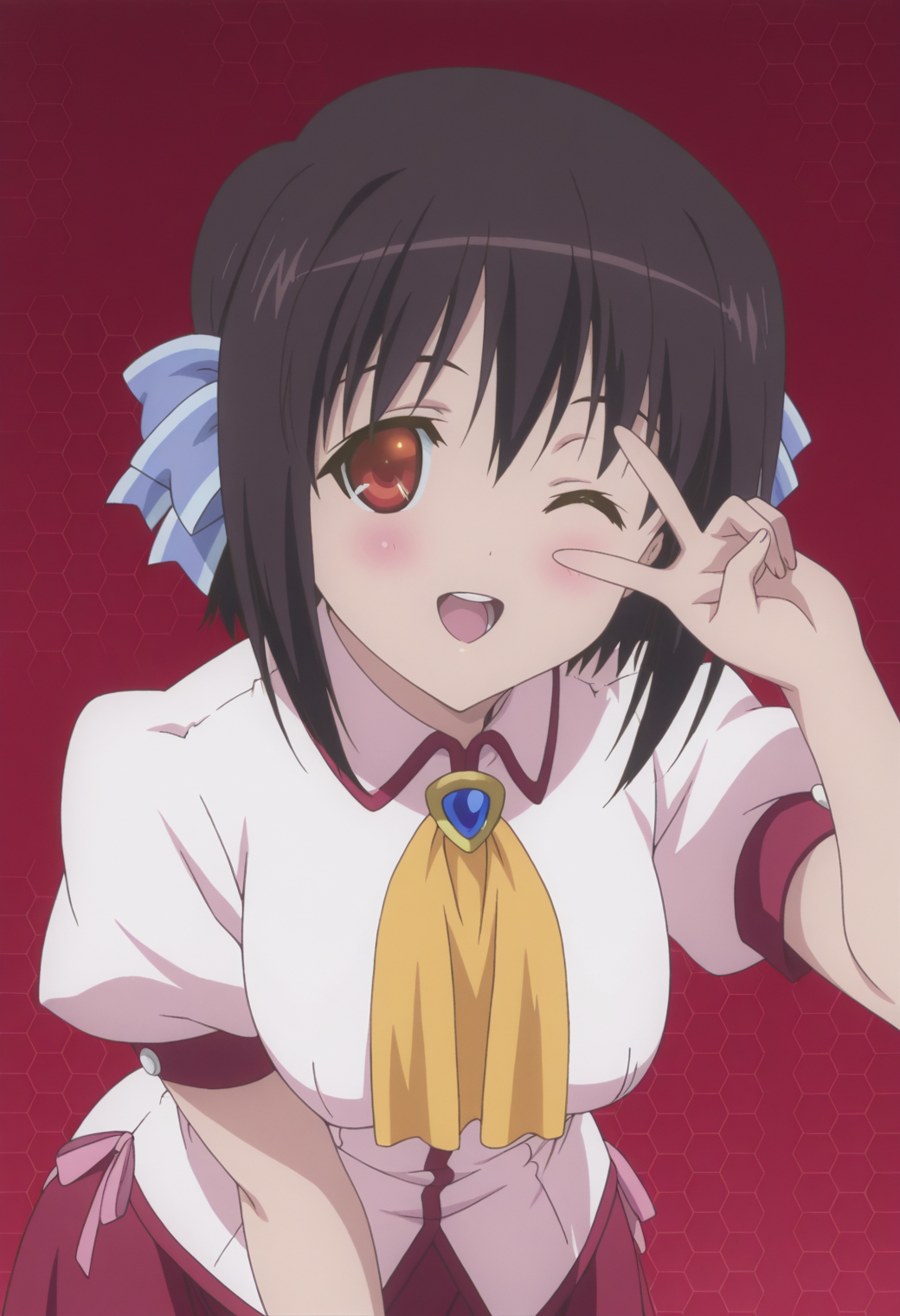 anime screencap, anime coloring, <lora:DX888Tomomi:1> saikyou tomomi, red eyes, black hair, short hair BREAK simple background, red background, (honeycomb background:1.2),  BREAK hair ribbon, ascot, brooch, school uniform, white shirt, puffy sleeves, short sleeves, red skirt, BREAK    1girl, blush, leaning forward, solo,  v, open mouth, happy,  v over the eye, (upper body:1.2), one eye closed, teeth,