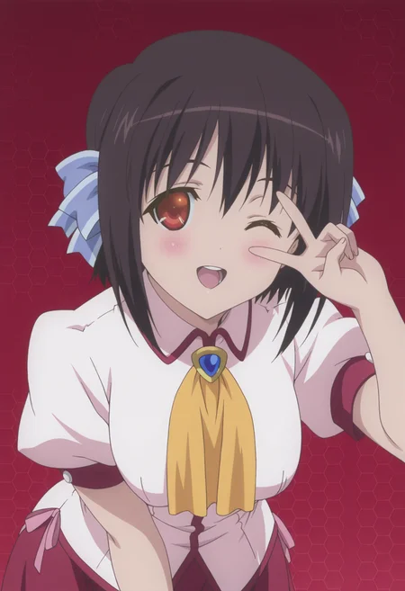 anime screencap, anime coloring, <lora:DX888Tomomi:1> saikyou tomomi, red eyes, black hair, short hair BREAK simple background, red background, (honeycomb background:1.2),  BREAK hair ribbon, ascot, brooch, school uniform, white shirt, puffy sleeves, short sleeves, red skirt, BREAK    1girl, blush, leaning forward, solo,  v, open mouth, happy,  v over the eye, (upper body:1.2), one eye closed, teeth,
