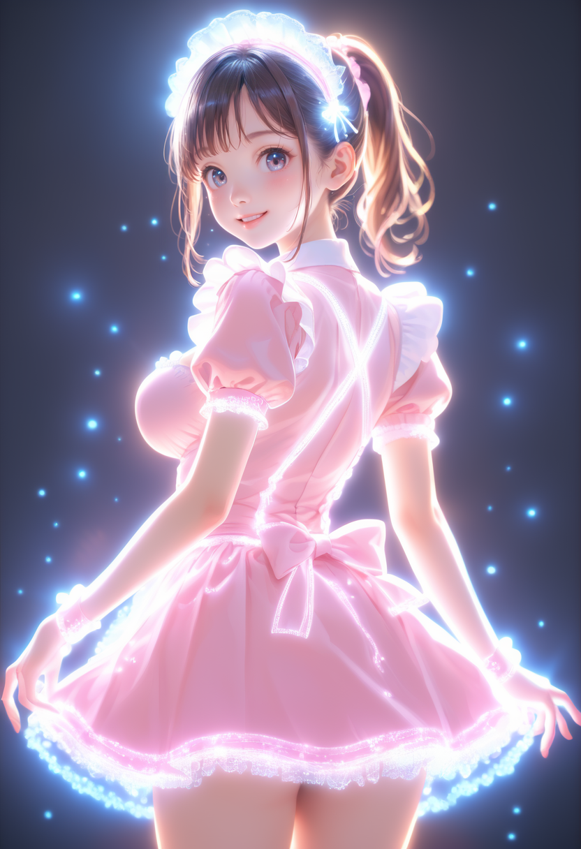 score_9, score_8_up, score_7_up , masterpiece,best quality,amazing quality, very aesthetic, ((outlined outlined vector graphics)), cute face, (glow eyes:0.5) ,   back view ,  looking at viewer ,  looking at viewer ,
1girl,
20yo, brown hair, gray eyes, (large breast:1), (ponytail:1.1), medium hair,(curvy:1.1),bangs
,
pink  clothes, (focus female), smile, peaceful, (clothed:1.1), maid, sparkling maid uniforms, glowing, glittring,
 happy,  
open eyes , (kawaii)  ,  <lora:spakling-maid-pony-01:1.1>
