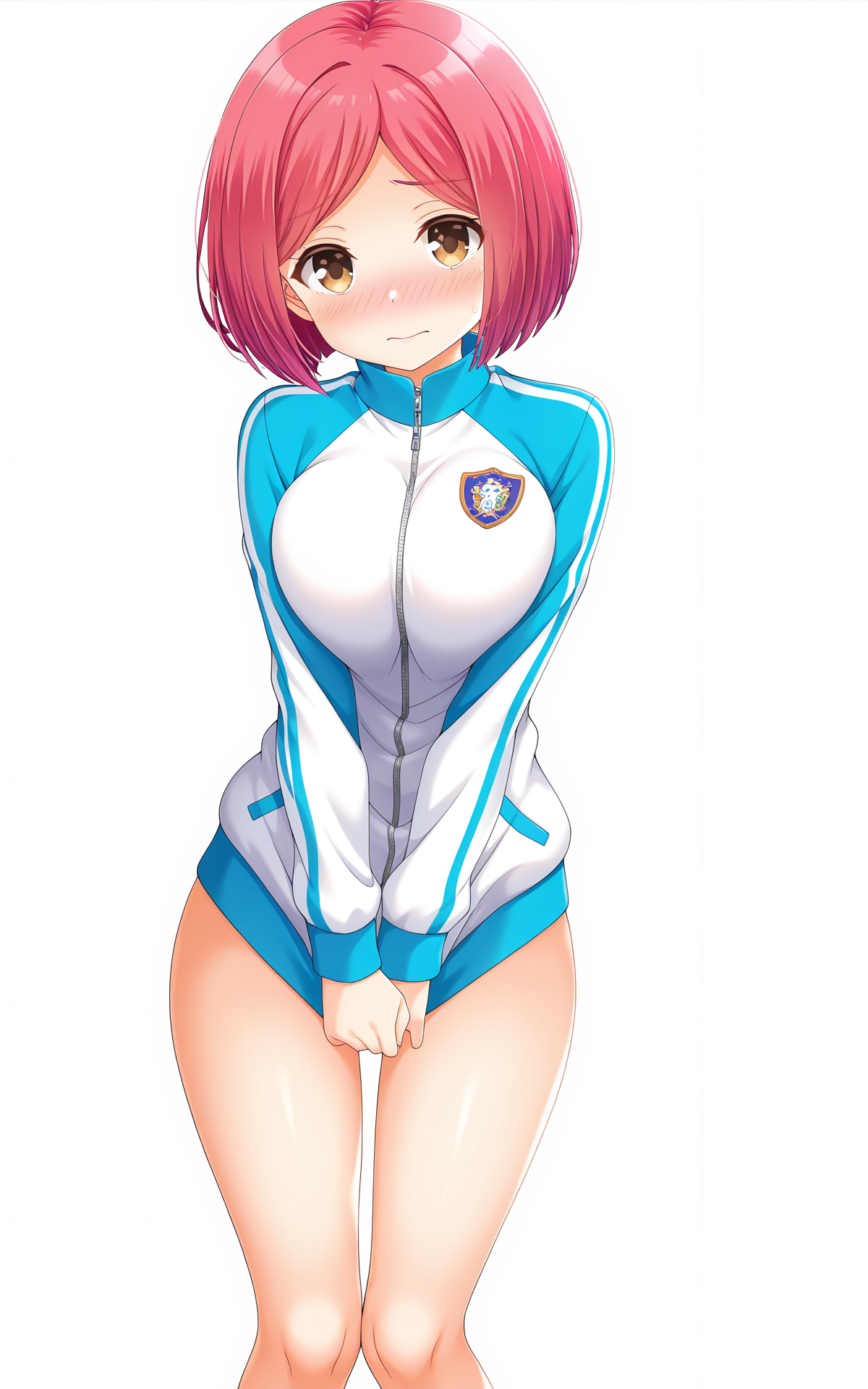 masterpiece, best quality, good quality, newest,4k, perfect lighting, cinematic, very aesthetic, official art, anime screencap, anime coloring,(((white background,simple background))), 
1girl,solo,tachibana kyoko,pink hair,short hair,brown eyes,
track jacket,blue jacket,white jacket,emblem,large breasts,thighs,
standing,arms between legs,covering crotch,embarrassed,blush,looking at viewer,facing viewer,BREAK
 <lora:ILtachibana_kyoko:1>