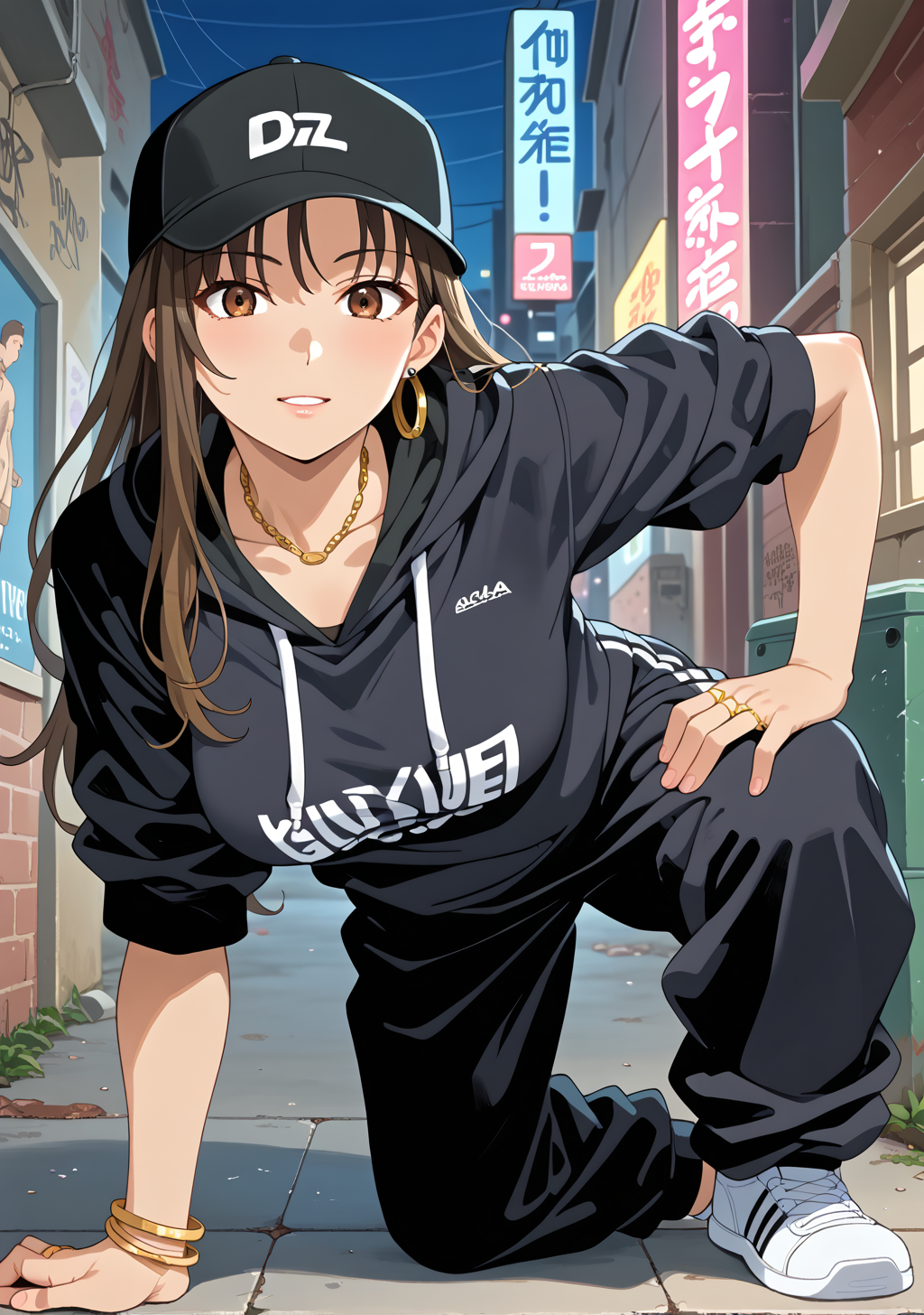 score_9, score_8_up, score_7_up, source_anime,high detail, detailed face,1girl,large breasts,ikeda,long hair,brown eyes, black hair,brown hair,<lora:ikeda:0.8>,hoodie,rapper,baggy clothes,hoodie,baggy pants,sneakers,gold ring,accessories,black cap,depth field,alley,neon light,graffiti,bdancepxl, doing a handstand, one-handed stand, breakdance pose, pov, motion <lora:bdancepxl:1>