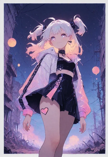 16k, 8k, 4k, masterpiece, vibrant colors, best quality, ultra detailed, highly detailed, hyper-detailed,
BREAK
(detailed background with extremely thick white border on all four sides), night, abandoned post apocalyptic city in background, ccyber punk neons in background, volumetric lighting, vivid colors, back light,
portrait of stunning floating matured woman, cute, extremely detailed face, ((woman is floating in air), woman is flying, dynamic pose, dynamic angle), body shot, (from under shot) ,
unfocused eyes, slightly smile,  distant gaze, emotionless look,
(heart-shaped pupils),
BREAK
ginger hair , long hair , hair over one eye, flat chest with black short tanktop,  open over sized furry jacket, (furry clothes), fair skin, freckles, skindentation, chubby thick legs,  holographic color highlights, black mini flare skirt, ear pierces,
eye_focus, g0thic, qxys, neon, [[[[flowing hair]]]], Flatline, bottom heavy,
<lora:Slider-LimbWidth:2.5>
<lora:ponyv6_noobE11_2_adamW:0.35>  <lora:eye_focus:0.5>
<lora:g0thicILL:0.66>   <lora:holographiccolor:0.66>  <lora:TrendCraft_The_Peoples_Style_Detailer-v1.0A-3_13_2025-illustrious:0.125>
<lora:SkindentationIL3.4_alpha16.0_rank32_full_400steps:3.25>  <lora:flatline:1.65>   <lora:petravoice:0.15> <lora:Ass slider ILTU_alpha16.0_rank32_full_last:-1.5> <lora:Slider-LegLength:-1> <lora:TeardropBody-tdb-IllustriousLoCon-vp3:0.25> <lora:v0.04_Concept_pony:0.25>