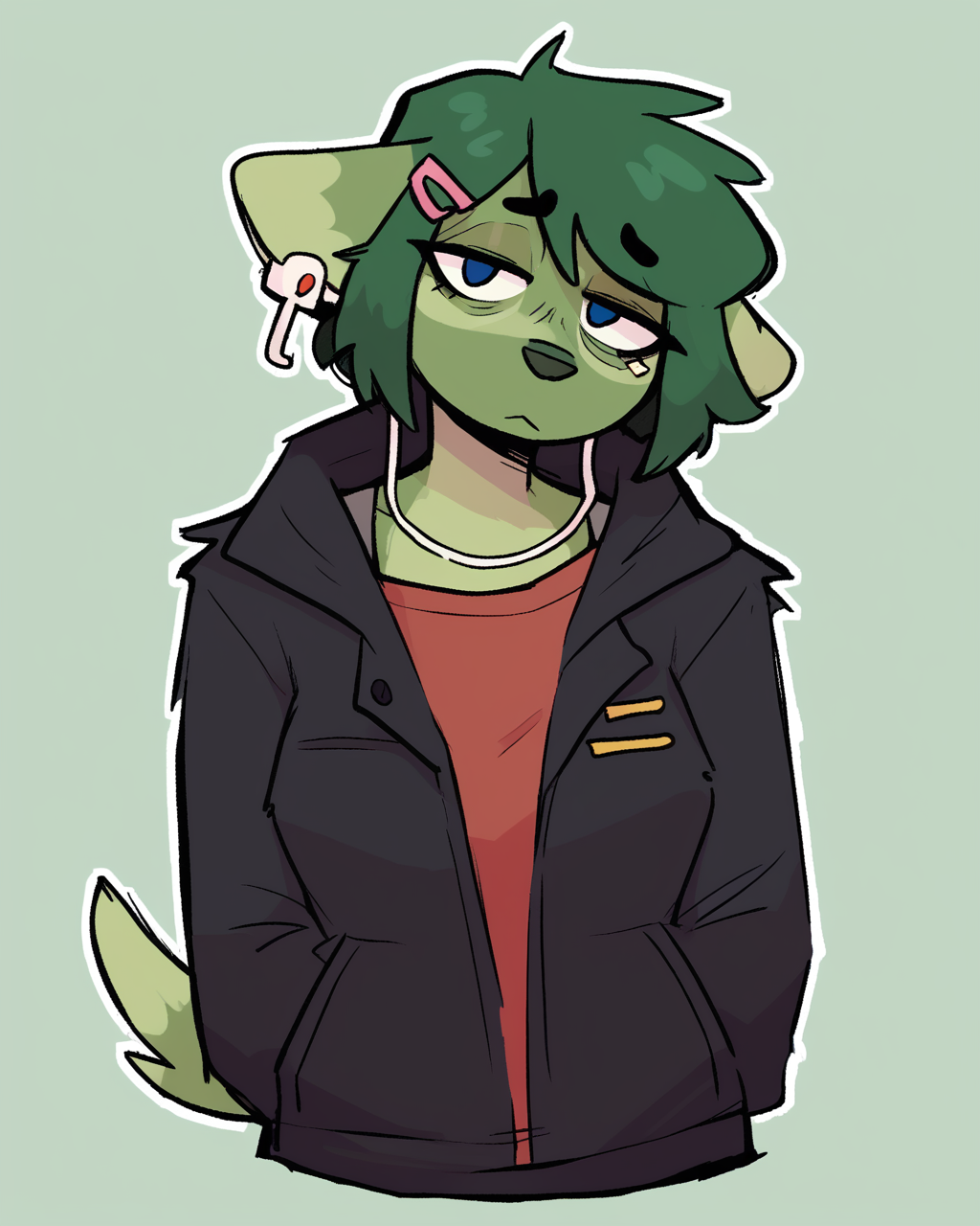 score_9_up, score_8_up, score_7_up, score_6_up, by remanedur, half-length portrait, medium breasts, green hair, dog, green body, green fur, female, looking at viewer, tired, hairclip, earbuds, jeans, tail, hoodie, solo, short hair, happy, sitting,  three-quarter view, head tilt, simple background, white outline, <lora:Leah_Pines(AIM)_XL_v1:0.15> <lora:PDXL_artist_tags_v2_big:0.5> <lora:The-Minuscule-Task_PDXL_v1.0:0.6>   <lora:Evie_eviex_01:0.8>
