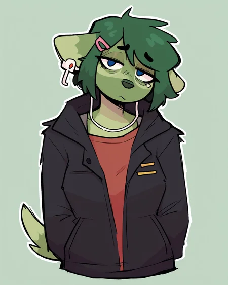 score_9_up, score_8_up, score_7_up, score_6_up, by remanedur, half-length portrait, medium breasts, green hair, dog, green body, green fur, female, looking at viewer, tired, hairclip, earbuds, jeans, tail, hoodie, solo, short hair, happy, sitting, three-quarter view, head tilt, simple background, white outline, <lora:Leah_Pines(AIM)_XL_v1:0.15> <lora:PDXL_artist_tags_v2_big:0.5> <lora:The-Minuscule-Task_PDXL_v1.0:0.6> <lora:Evie_eviex_01:0.8>