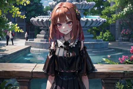 highly insanely detailed, masterpiece, top quality, best quality, highres, 4k, 8k, RAW photo, (very aesthetic, beautiful and aesthetic),  
(rsef style,fevercell style),human_machine_hybrid,energy_auras, 
<lora:rsef-000225:0.5>, 
(1girl:1.3), 
1other, 
 holo-metallic wide-leg pants,  techno-lace crop top,   ,,(1girl:1.6),solo,solo focus,(fully clothes,fully clothed:1.2),upper body,close-up portrait,face focus,sfw,safe_for_work,(midi_skirt:1.2),(classic_style,formal_appearance:1.2), 
, 
, 
, 
located in a charming village square, with a central fountain, flowering plants, wooden benches, cheerful people, lively chatter, 
,âââ