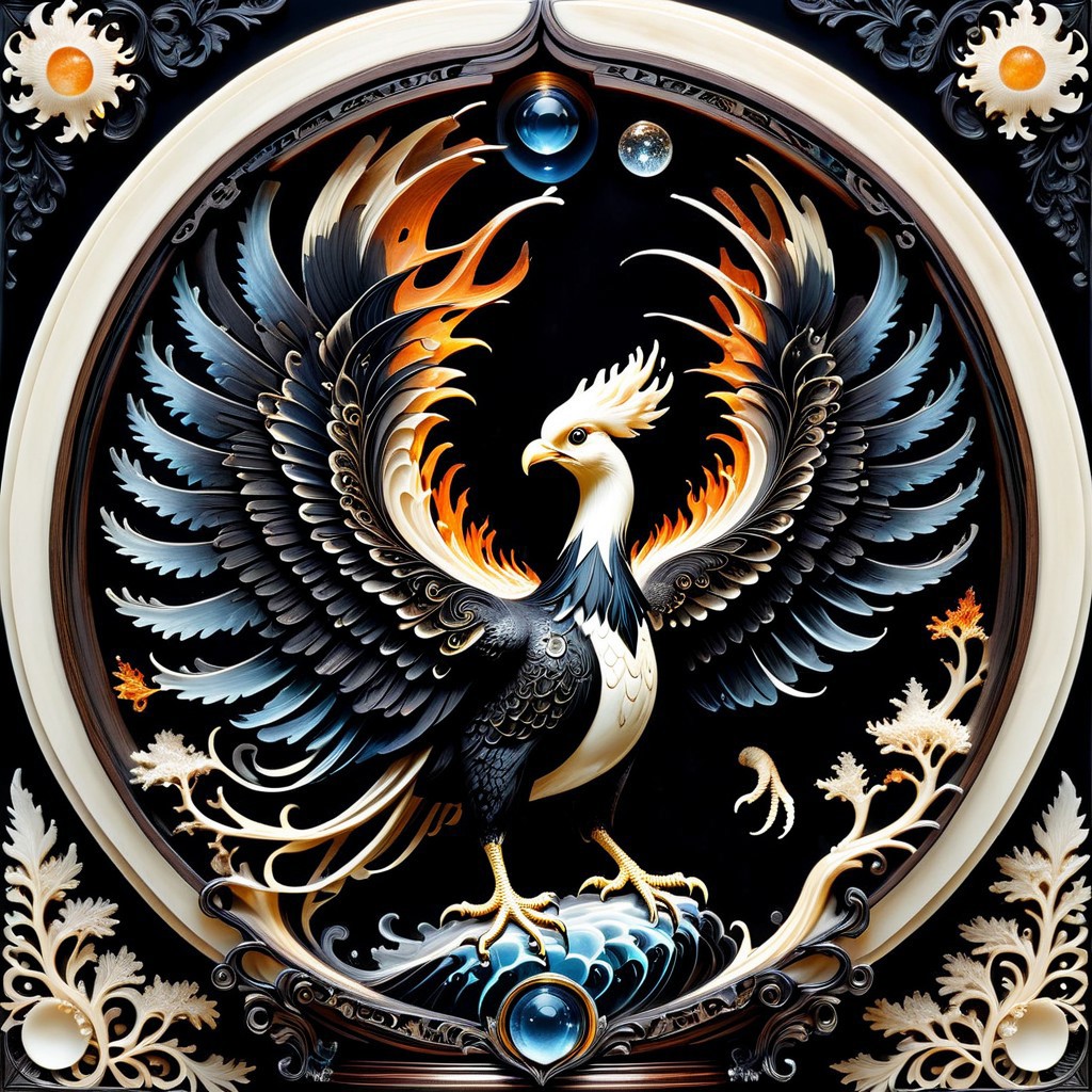 lazypos, animal,phoenix spreading its flaming wings, stands in a crystal bird's nest, made of ebony, made out of,ebony,ivory,scrimshaw,bone carving,stagnant pools,bioluminescent mist