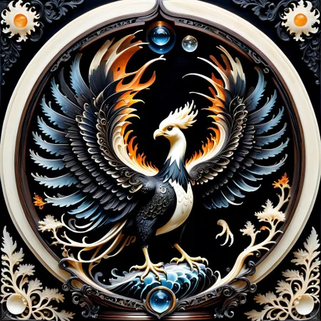 lazypos, animal,phoenix spreading its flaming wings, stands in a crystal bird's nest, made of ebony, made out of,ebony,ivory,scrimshaw,bone carving,stagnant pools,bioluminescent mist