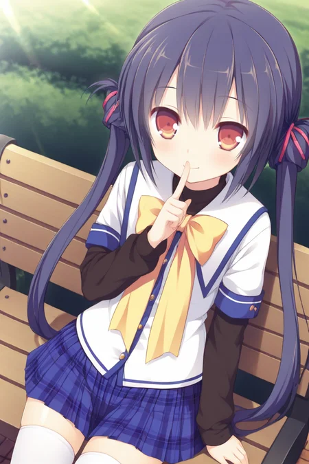 masterpiece,best quality,amazing quality,highres,scenery,newest,1girl,official style,anri,red eyes,black hair,long hair,anri school,thighhighs,skirt,white thighhighs,school uniform,zettai ryouiki,twintails,plaid,plaid skirt,ribbon,pleated skirt,wave sleeves,<lora:cloverdays-anri-V2:1>,looking at viewer,outdoors,from above,smile,shadow,sunlight,park bench,shushing,