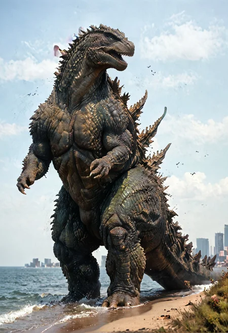 score_9, score_8_up, score_7_up, solo, portrait, from side, 1man, giant dinosaur reptillian Godzilla, spines, feral, realistic scales, detailed scale texture, solo, outdoors, out of the ocean, miniature city, solo, full body, solo, extremely detailed, Macro detailed realism style photograph, 3DMM