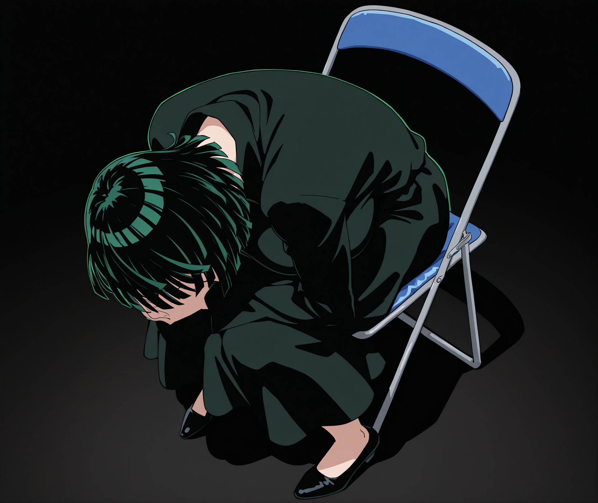 highres, hi res, best quality, masterpiece, 2d, intricate details, 4k, anime coloring, uncensored, shaded, shadow, countershading,
1girl, solo, female, black hair, flipped hair, short hair, thighs, frown, huge breasts, fubuki \(one-punch man\), one-punch man,
shoes, black dress,
sitting, full body, from above, chair, parody, meme, own hands clasped, head down, folding chair, 
depth of field, black background, <lora:Shinji_in_a_Chair_meme_ILXL:1>, shinji in a chair \(meme\),
