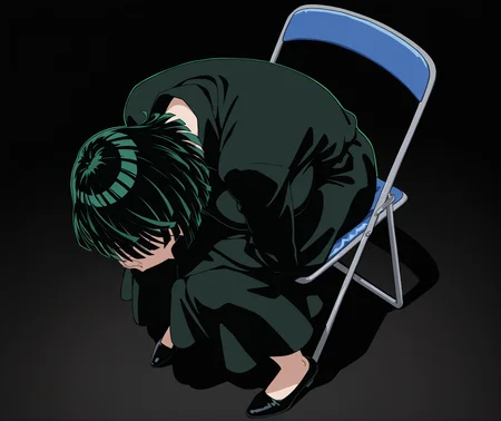 highres, hi res, best quality, masterpiece, 2d, intricate details, 4k, anime coloring, uncensored, shaded, shadow, countershading,
1girl, solo, female, black hair, flipped hair, short hair, thighs, frown, huge breasts, fubuki \(one-punch man\), one-punch man,
shoes, black dress,
sitting, full body, from above, chair, parody, meme, own hands clasped, head down, folding chair,
depth of field, black background, <lora:Shinji_in_a_Chair_meme_ILXL:1>, shinji in a chair \(meme\),