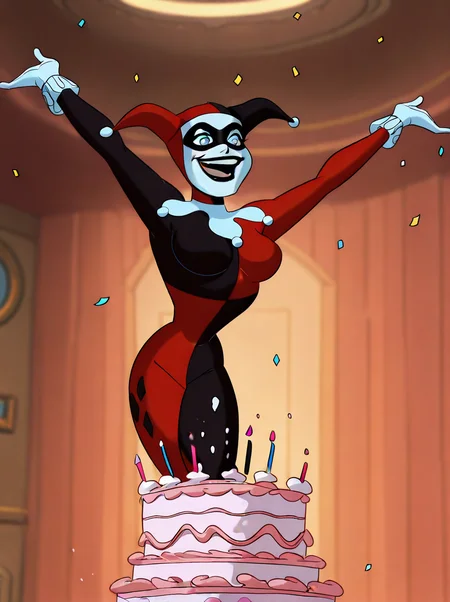 <lora:Harley_Quinn_-_Batman_Animated_Illustrious_v1:0.8>, h4rl3yqu1nn, jester cap, jester bodysuit, upper body, <lora:JumpingOutOfCake-IL:0.9>, birthday cake, (jumping out of cake:1.2), icing, frosting, arms out, confetti, smile, open mouth, delighted, 1girl, interior, <lora:dcau234-illu3_r1:0.4>, <lora:RealisticAnimeIXL:0.5>, 1girl, white facepaint, domino mask, blue eyes, black lipstick, large breasts, white gloves