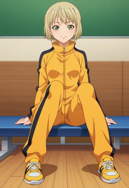 score_9,score_8_up,score_7_up,anime coloring BREAK source_anime,anime,<lora:Pao-Lin_Huang__Dragon_Kid_ãã¡ã³ããªãªã³__ãã©ã´ã³ããã__TIGER__BUNNY__PonyXL>,1girl,solo,paolinh,yellow sneakers,blonde hair,green eyes,orange jumpsuit,bob cut,smile,sitting,leaning back,arm_support,looking_at_viewer,indoors,gym,