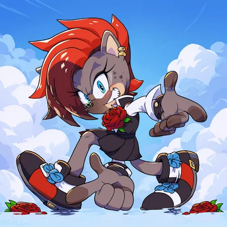 safe_pos, safe_pos, score_9, score_8_up, score_7_up, score_6_up, score_5_up, score_4_up, rating_safe, blue eyes, sonic channel (style), looking at viewer, grin, teeth, full body, sonic adventure pose
hyena, best quality, blush, extreme detail, masterpiece, anatomically correct, grey fur, red undercut, red hair, black skirt, masterpiece, rose, sexy, outside a club,