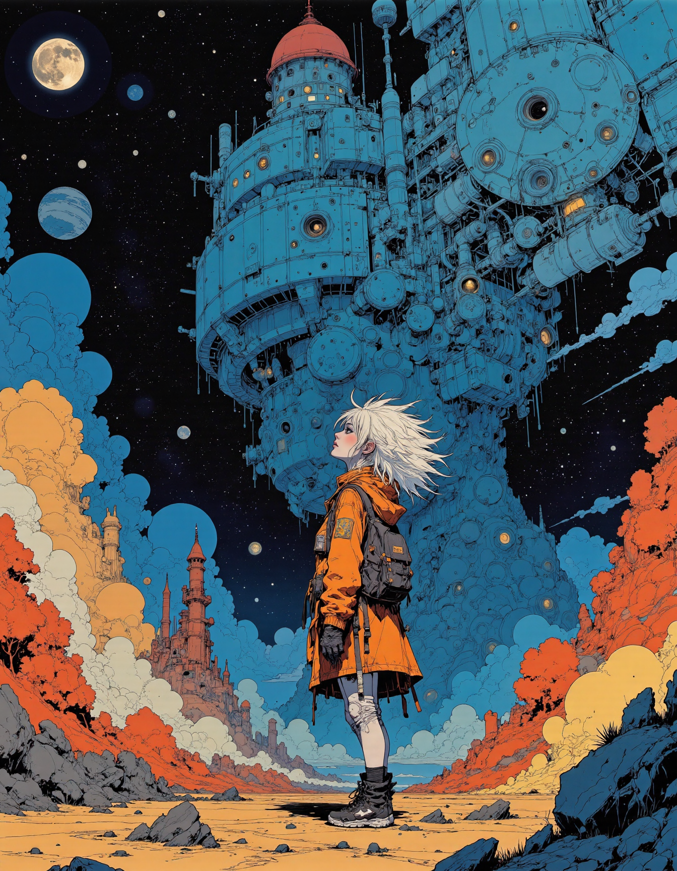 Mangaka style. Anime artwork designed by Rick Guidice and Peter Elson, featuring a woman with spiky hair . The scene is set in a futuristic space colony, inspired by NASA illustrations and realistic depictions of space exploration. Created by a Japanese anime studio, the artwork captures a highly emotional moment, with best quality and high resolution. The background showcases intricate details of space colonies, with vibrant colors and dramatic lighting effects. <lora:Mangaka V2:1>