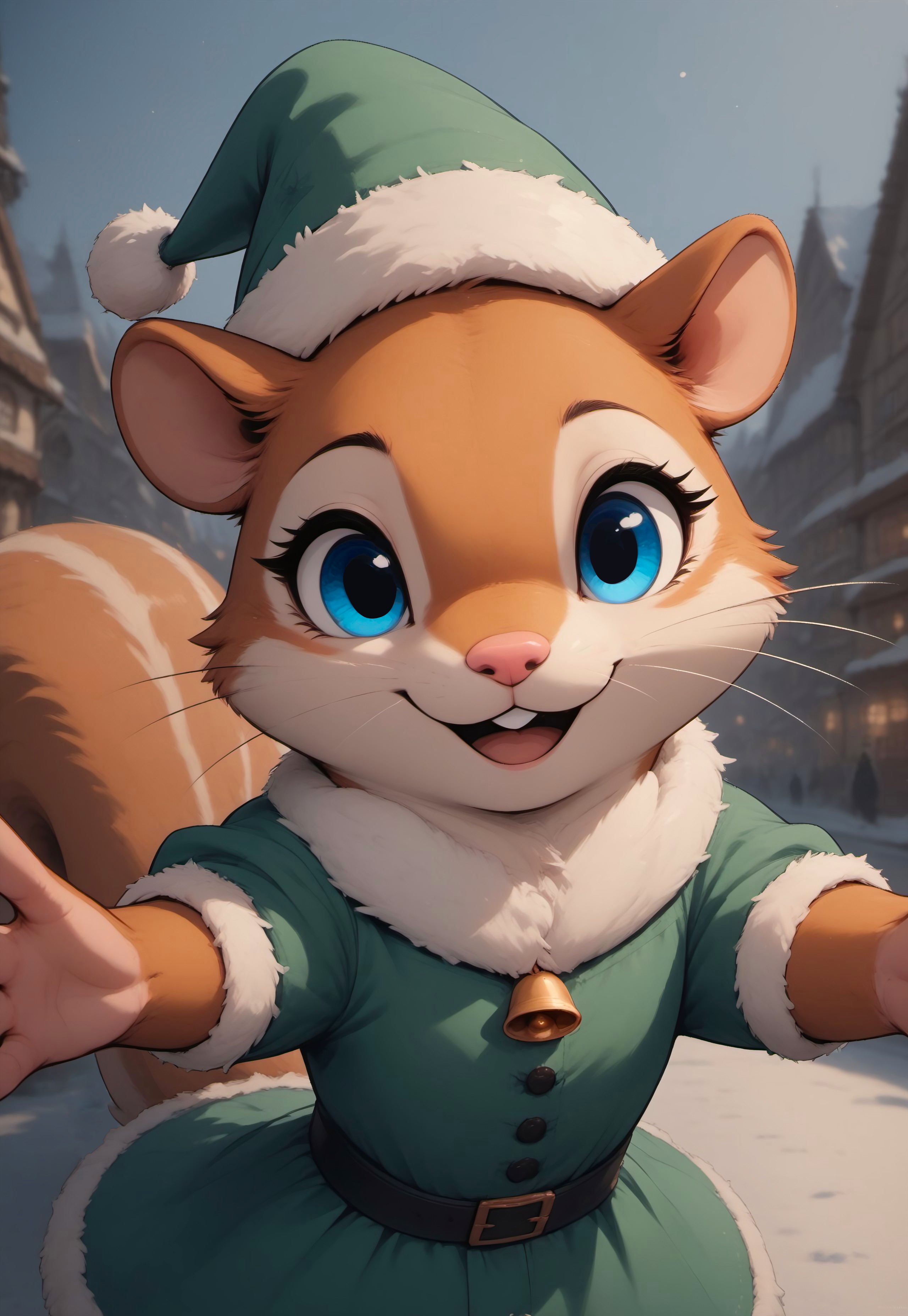 score_9, score_8_up, score_7_up, score_6_up, score_5_up, score_4_up, (((squirrel))), green Christmas dress, bells, cute, (feral:1.2), (red fur), blue eyes, (happy, expressive:1.5), (incoming hug, reaching towards viewer, perspective, depth of field, arms spread, hugging viewer, embracing viewer), upper body shot, (close up:1.5), out of frame, 3lf, green headwear, belt, fur trim, bells, (snow, village, Christmas:2),