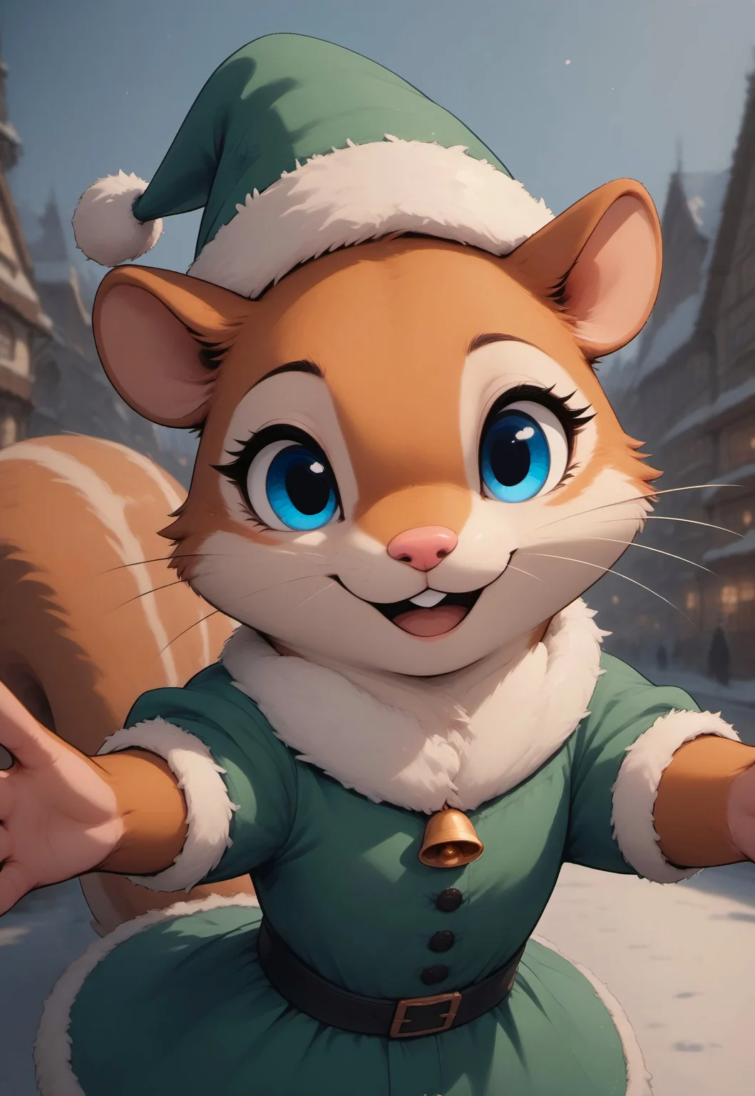 score_9, score_8_up, score_7_up, score_6_up, score_5_up, score_4_up, (((squirrel))), green Christmas dress, bells, cute, (feral:1.2), (red fur), blue eyes, (happy, expressive:1.5), (incoming hug, reaching towards viewer, perspective, depth of field, arms spread, hugging viewer, embracing viewer), upper body shot, (close up:1.5), out of frame, 3lf, green headwear, belt, fur trim, bells, (snow, village, Christmas:2),
