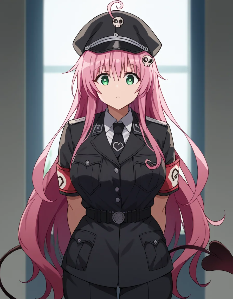 score_9, score_8_up, score_7_up, source_anime, <lora:lala-deviluke-darkness-ponyxl-lora-nochekaiser:1>, lala deviluke, long hair, pink hair, tail, ahoge, bangs, hair ornament, green eyes, demon tail, large breasts, <lora:warden-ponyxl-lora-nochekaiser_r1:1>, skull hat ornament, uniform, military uniform, black uniform, hat, cap, black cap, armband, collared shirt, black necktie,, indoors, hands behind back,, cowboy shot,