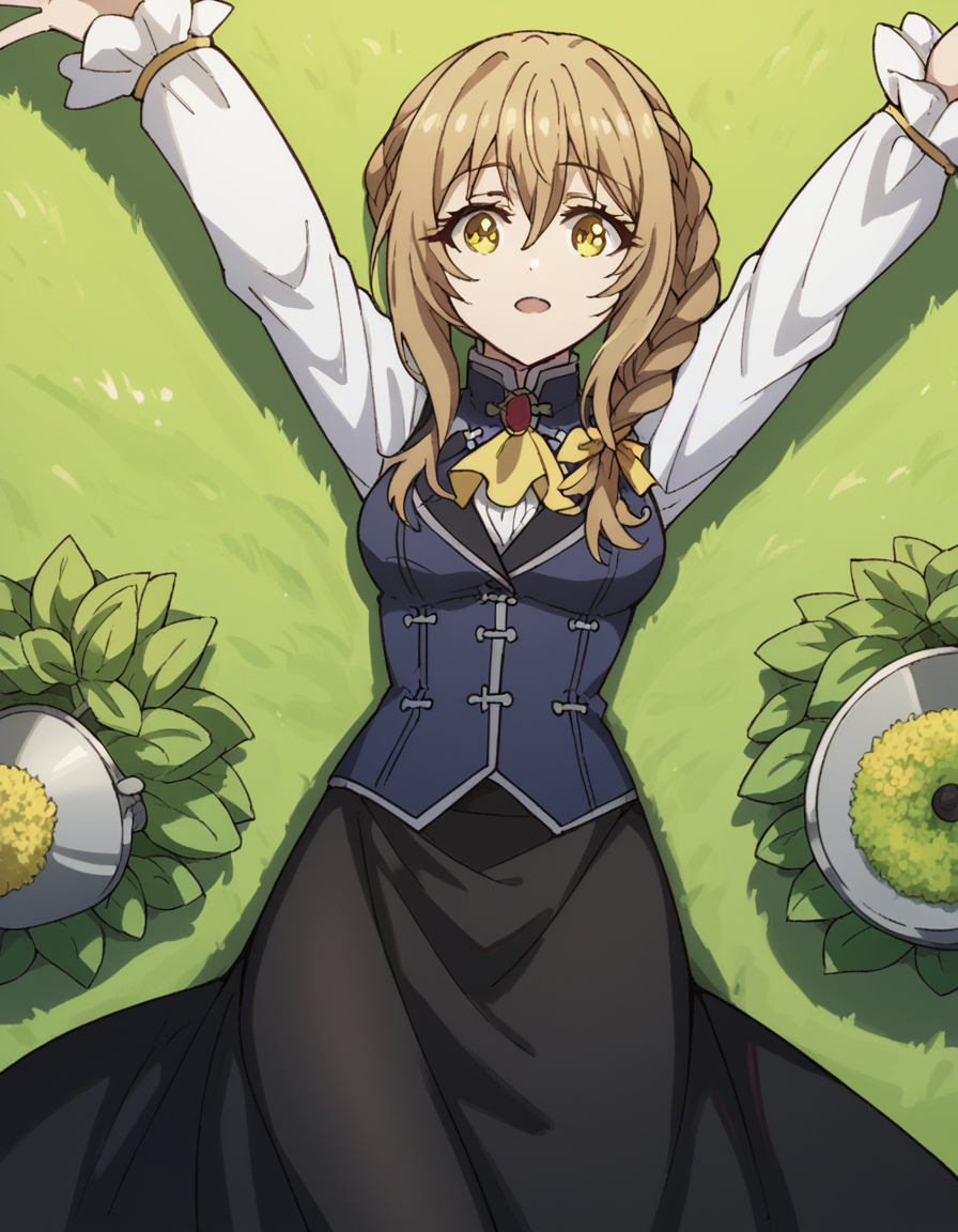 score_9, score_8_up, score_7_up, source_anime, <lora:guild-girl-s2-ponyxl-lora-nochekaiser:1>, guild girl, long hair, brown hair, yellow eyes, braid, single braid, medium breasts, skirt, shirt, long sleeves, white shirt, pantyhose, black skirt, vest, long skirt, yellow ribbon, ascot, yellow ascot,, gardening, watering plants, backyard, flowers blooming, sunny day,, , , on back, arm support, arms up, incoming hug, pov, reaching, reaching towards viewer,, solo,, cowboy shot, dutch angle