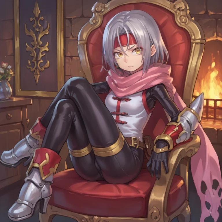 score_9, score_8_up, score_7_up, score_6_up, source_anime, BREAK, <lora:Zilva:0.7> , zildef, 1girl, short hair, grey hair, yellow eyes, red headband, mask, scarf, pink scarf, white sweater vest, white shirt, bodysuit, black bodysuit, bodysuit under clothes, (single gauntlet), black gloves, sheathed, leg warmer, armored boots, sitting, looking at viewer, serious expression, closed mouth, full body, <lora:detailed_backgrounds_v2:0.6> , masterpiece, best quality, very aesthetic, absurdres, indoors, cave, interior, dark, fireplace, stalactites, <lora:2024_PandoraBox_V1:0.5> , P4ndora_PS,