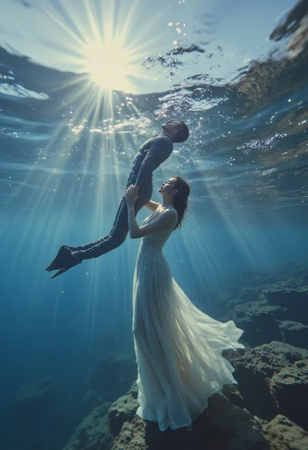 photo realistic, 8K photo of a man and women underwater in the middle of the ocean, the women is wearing a white gown and pulling up a man to the surface of the ocean, romantic and cinematic scene, sunlight beams coming into the water, bubbles all around them as they rise to the surface, she is lifting him up to the surface, slowly, gently, with great love. the man is motionless, suspended, and cannot move. the ocean is vast and the background is infinity., <lora:Instant camera portrait photography V2.0.safetensors:1.0>, <lora:Dark side of light.safetensors:0.55>, <lora:aidmaFLUXPro1.1-FLUX-v0.3.safetensors:1.0>, <lora:Glitchcore_Flux.safetensors:0.8>,