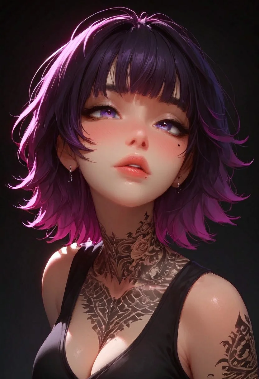(score_9, score_8_up, score_7_up), <lora:wolf_cut:1.5>, a close-up shot focusing on a girl collarbone and up, (((portrait shot, face focus))), solo, 1girl, wolfCut, (bangs), (two-toned hair), black and purple hair, small perky breasts, cleavage, pretty face, blush, purple eyes, ((mole under left eye)), (modern tattoos),((tattoo on chest)),pale skin, makeup, sports bra, vivid colours, Expressiveh, (white background)
