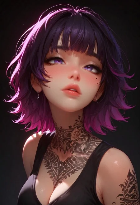(score_9, score_8_up, score_7_up), <lora:wolf_cut:1.5>, a close-up shot focusing on a girl collarbone and up, (((portrait shot, face focus))), solo, 1girl, wolfCut, (bangs), (two-toned hair), black and purple hair, small perky breasts, cleavage, pretty face, blush, purple eyes, ((mole under left eye)), (modern tattoos),((tattoo on chest)),pale skin, makeup, sports bra, vivid colours, Expressiveh, (white background)