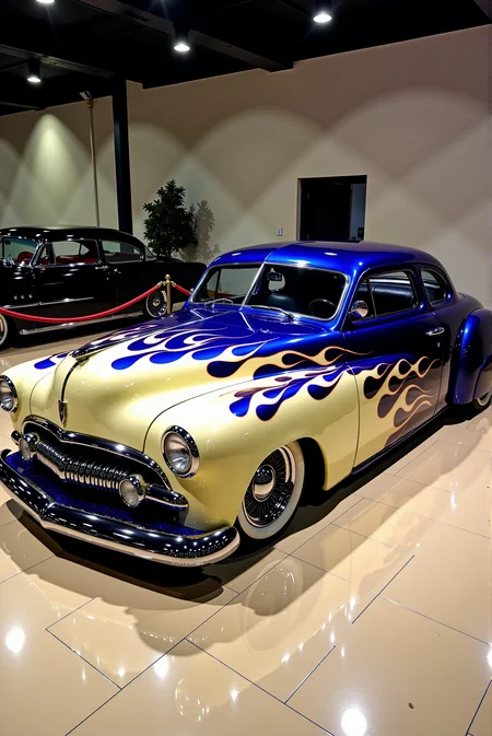 <lora:Hot_rod__style:0.8>
A custom 1950 Mercury Coupe masterfully executed in a two-tone flame design, blending traditional hot rod artistry with sleek lowrider elegance. The front half of the body is finished in a deep, high-gloss midnight blue that fades into smooth cream white along the rear quarters, unified by an intricate cream flame pattern that stretches from the grille to the doors in classic scalloped layers. The body is heavily chopped and sectioned, with a dramatically lowered roofline and flush rear fenders, emphasizing its exaggerated proportions and streamlined profile. Chrome bumpers, wide whitewall tires, and polished moon hubcaps complete the retro aesthetic, while the smoothed bodywork and hidden handles create an ultra-clean silhouette. Displayed indoors on tiled flooring with rope barriers, the car channels pure custom culture sophistication. DoubleStream Style Layer: ultra-gloss classic flame paint job over two-tone bodywork, palette of midnight blue, cream white, and polished chrome, 1950s American lead sled styling fused with traditional kustom techniques, indoor exhibition lighting casting soft highlights across curved surfaces, low-angle side view emphasizing chopped roof and sweeping fender lines, pure retro craftsmanship meeting hot rod artistry in a show car presentation.