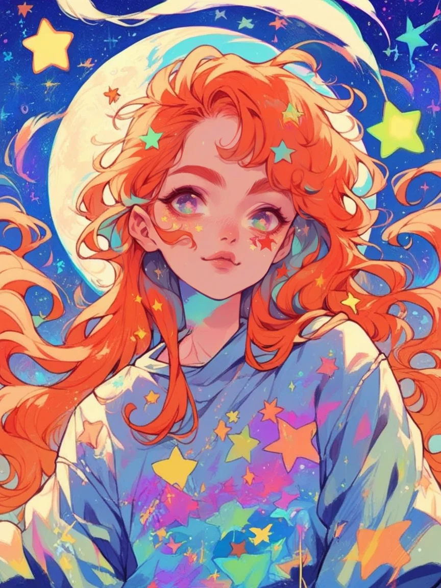 score_9, score_8_up, score_7_up, score_6_up,  mushg4l, 1girl, colourful, trippy, moon, stars, long hair, ginger hair <lora:mushg4lXLP:0.8>