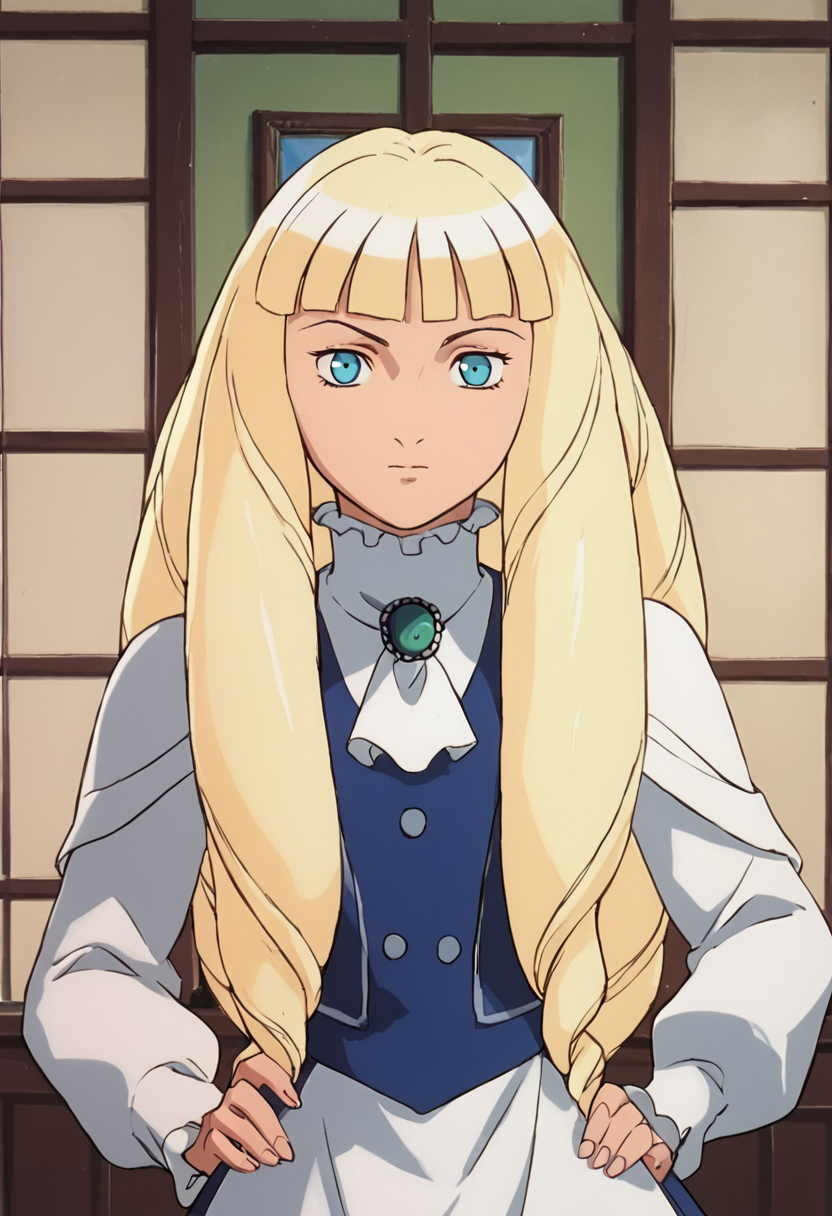 <lora:KihelTurnAPony1.0:1>kihel, 1girl, solo, blonde hair, long hair, drill hair, blue eyes, bangs, dress, upper body, looking at viewer,,brooch, score_9, score_8_up, score_7_up, score_6_up, score_5_up, score_4_up, looking at viewer, hand on own hip, cowboy shot,