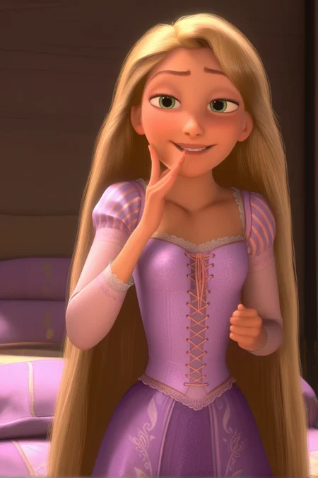 1girl, solo, newest, very long hair, blonde hair, green eyes, pov, highres, dress, hand up, smug smile, teen, small breasts, from front, indoors, greeting, bedroom, purple bed, (light freckles:0.8), looking at viewer, volumetric lighting, young, cowboy shot, curvy, textured skin, (best finished, amazing quality, best quality:1.1), uncensored, (high budget, photorealistic:1.1), masterpiece, <lora:Tangled_Rapunzel (1):1>