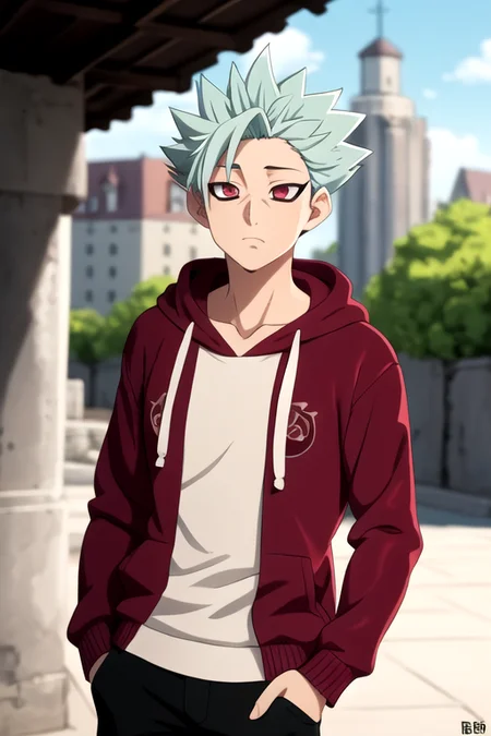 masterpiece, best quality, high quality, 1boy, solo, male focus, looking at viewer, , depth of field, <lora:ban_nanatsu_no_taizai:0.70>, ban_nanatsu_no_taizai, , , hoodie