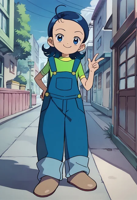score_9, score_8_up, score_7_up BREAK Aiko1, 1girl, short blue hair, blue eyes, blue overalls, short-sleeve green shirt with yellow accents, brown shoes, full body, smiling at viewer,