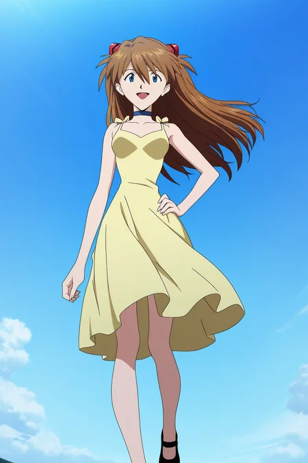 score_9, score_8_up, score_7_up, source anime, prefect lighting, very aesthetic, BREAK, anime coloring, anime screencap,
<lora:asuka_rebuild_v2-illustrious:1>, 1girl, souryuu asuka langley, rebuild of evangelion, blue eyes, brown hair,
yellow sundress, choker, floating clothes, open mouth, hand on own hip, mary janes, blue sky, outdoors,
BREAK, looking at viewer, narrow waist, smile, from below,
BREAK,