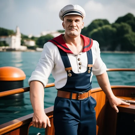 Popeye1024, a sailor, full body, on a boat, highly detailed, photography, ultra sharp, film, bokeh, professional, 4k <lora:add-detail-xl:1.5> <lora:Popeye1024:0.8>