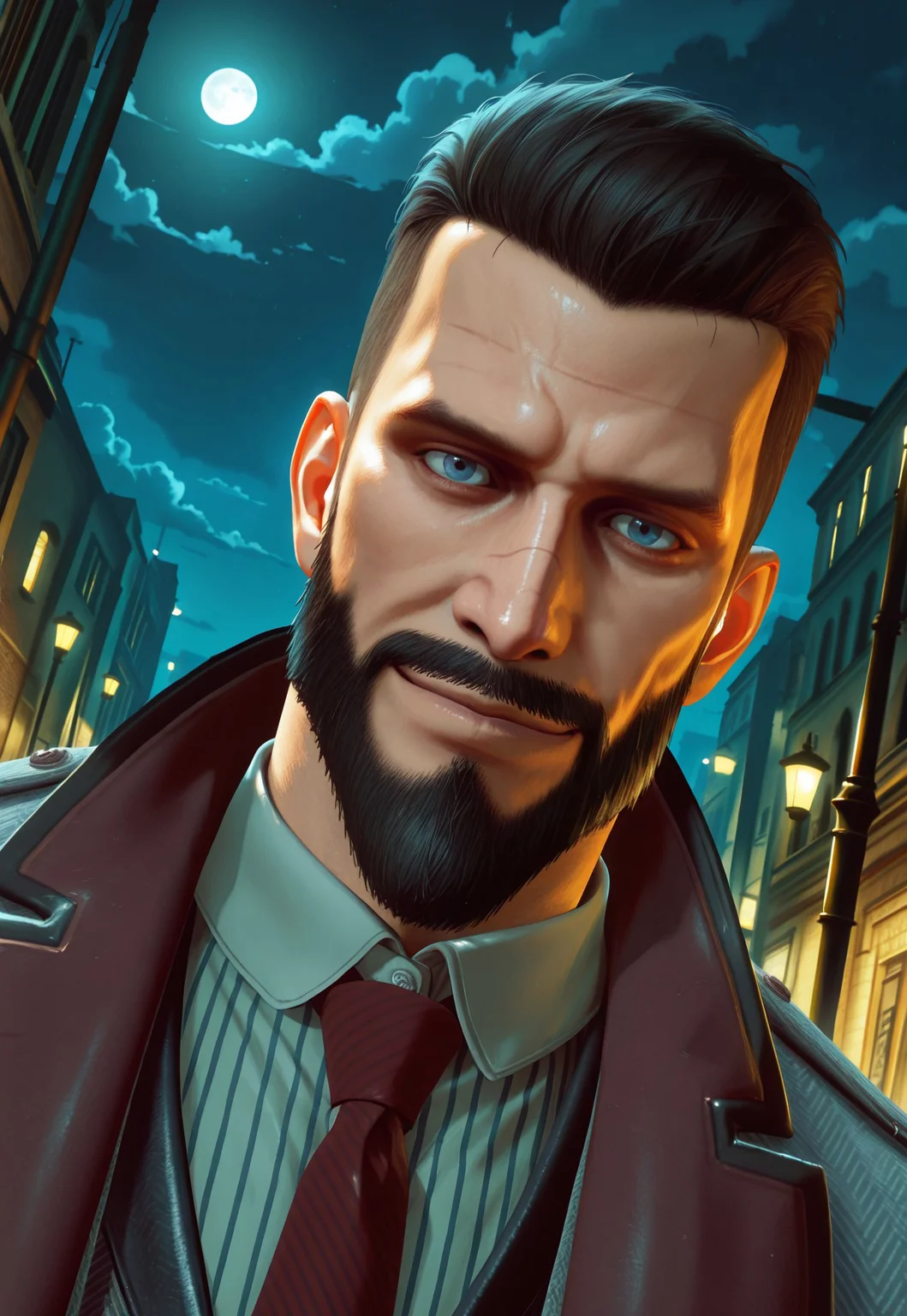 JonathanReid, 1boy, realistic, blue eyes, scar, coat, vest, striped white shirt, short hair, facial hair, beard, necktie, 90's old city alley, street lamp, clouds, bloom, night, moon, portrait, looking at viewer, smile, dynamic pose, dutch angle,