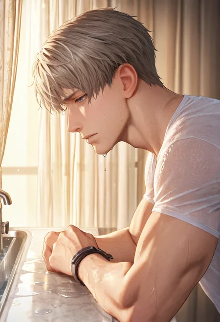 1boy, male focus, LADS_Xavier, LADS_Xavier_silver_hair, LADS_Xavier_blue_eyes, thin towel wrapped low on hips, leaning forward over marble sink, water dripping from wet hair, hands braced on counter, expression: half-lidded bedroom eyes, mouth parted, steam curling around jawline, golden morning light filtering through sheer curtains, close-up:2.7, from the side, ultra high detail, cinematic lighting, absurdres, masterpiece, best quality, 8k resolution, octane render, <lora:LoveDeepSpace_Xavier-000010:0.8>