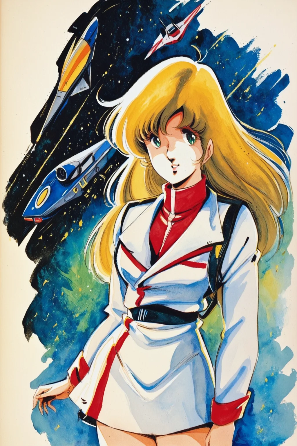 Misa Hayase,1girl,solo,blonde hair,long hair,green eyes,1980s \(style\),cowboy shot,looking at viewer,white uniform,military uniform,white skirt,starfighter,retro artstyle,traditional media,watercolor (medium),<lora:Haruhiko Mikimoto_XL_V2:0.8>,