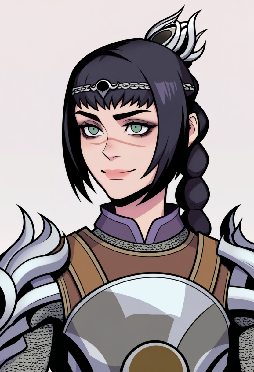 best quality, amazing quality, very aesthetic, absurdres,
BREAK
1girl, solo, shadowheart, black hair, braided ponytail, green eyes, scar on face, circlet, armor,
smile, looking at viewer, upper body, simple background, white background, <lora:ShadowHeartIllustrious_byKonan:0.8> <lora:TwewyNoobLocon_byKonan:1.2>