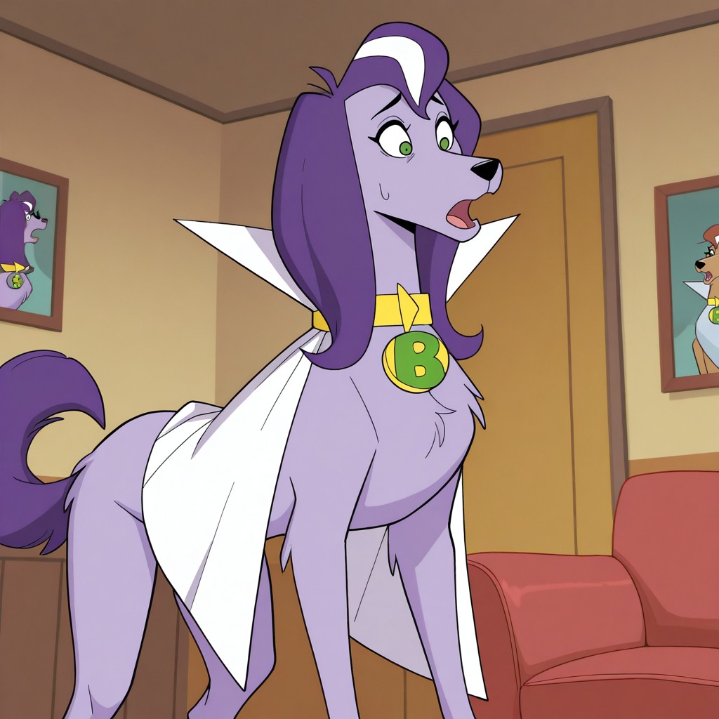 masterpiece, best quality, amazing quality, brainyb, female, furry female, feral, solo, dog, purple fur, purple hair, white highlights, green eyes, black nose, tail, yellow collar, white cape, standing, nervous, open mouth, looking aside, indoors, living room