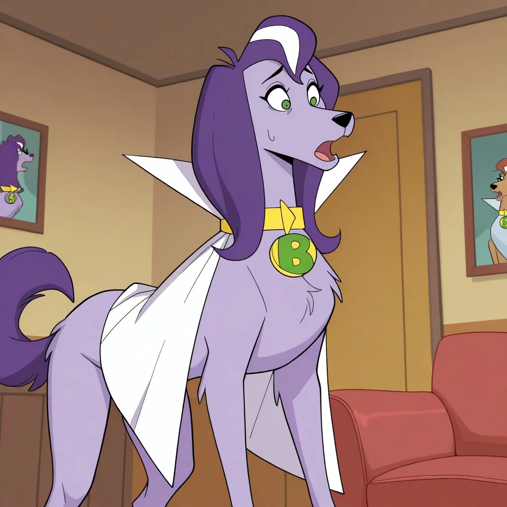 masterpiece, best quality, amazing quality, brainyb, female, furry female, feral, solo, dog, purple fur, purple hair, white highlights, green eyes, black nose, tail, yellow collar, white cape, standing, nervous, open mouth, looking aside, indoors, living room