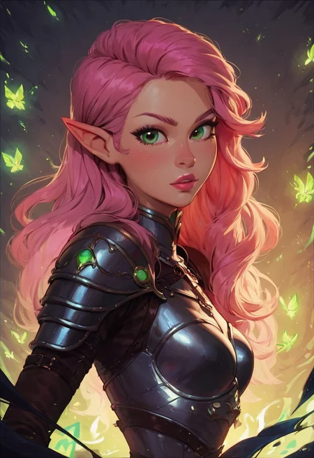 safe_pos, score_9, score_8_up, score_7_up, pov from the side, dynamic pose, beautiful, pink hair, female elf, glowing green eyes, long hair, small breasts, pink lipstick, dark black leather armor, holding enchanted shortsword, dungeon background,