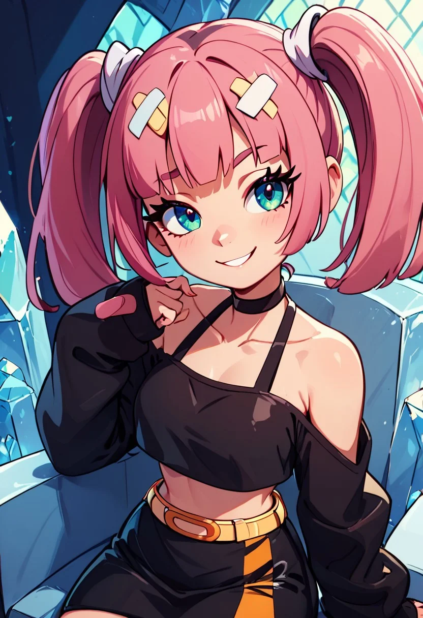 score_9, score_8, (curvy), cute, eyelashes,
BREAK,
zzCoral, pink hair, twintails, blunt bangs, hair ornament, belt, long sleeves, sleeves past fingers, black skirt, black choker, black crop top, bare shoulders, yellow belt, bandaid, midriff, collarbone,
,BREAK,
sitting on throne of ice, ice castle, smug,
smile, looking at viewer, cowboy shot, zPDXL, Expressiveh,