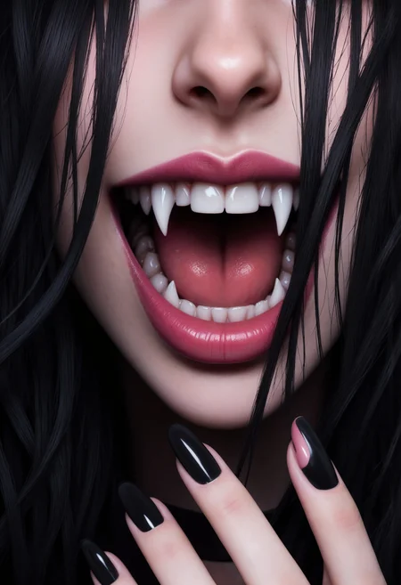 fangs, 1 girl, teeth, black hair, black nails, open mouth, tongue, fingernails, portrait, close-up, fangs, lips
<lora:FluxF4ngs:1> <lora:ImageUpgraderV2:1> <lora:FluxMythP0rtr4itStyle:0.8> <lora:realism_lora:0.8>
