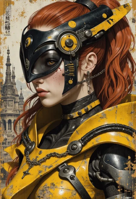 impressionist classical-style painting of a highly detailed, closeup portrait, face focus, stylized artwork featuring a androgynous figure with a striking, futuristic aesthetic. It depicts a female rogue against a backdrop of a futuristic, post apocalyptic city. The rogue has some skin burns and is dressed in a striking, futuristic outfit of mustard yellow and black, with high tech accessories, including a helmet adorned with a stylized, angular visor that covers her hazel eyes and a flowing cape. She has long, flowing red hair tied back, and her skin appears to be pale.
(((ultra-realistic style))), realistic lighting, dark, eye-catching, atmospheric lighting, natural, shallow depth of field, (highlights: 0.8), high detail (dynamic, cinematic shot, film grain, bokeh, depth of field)
